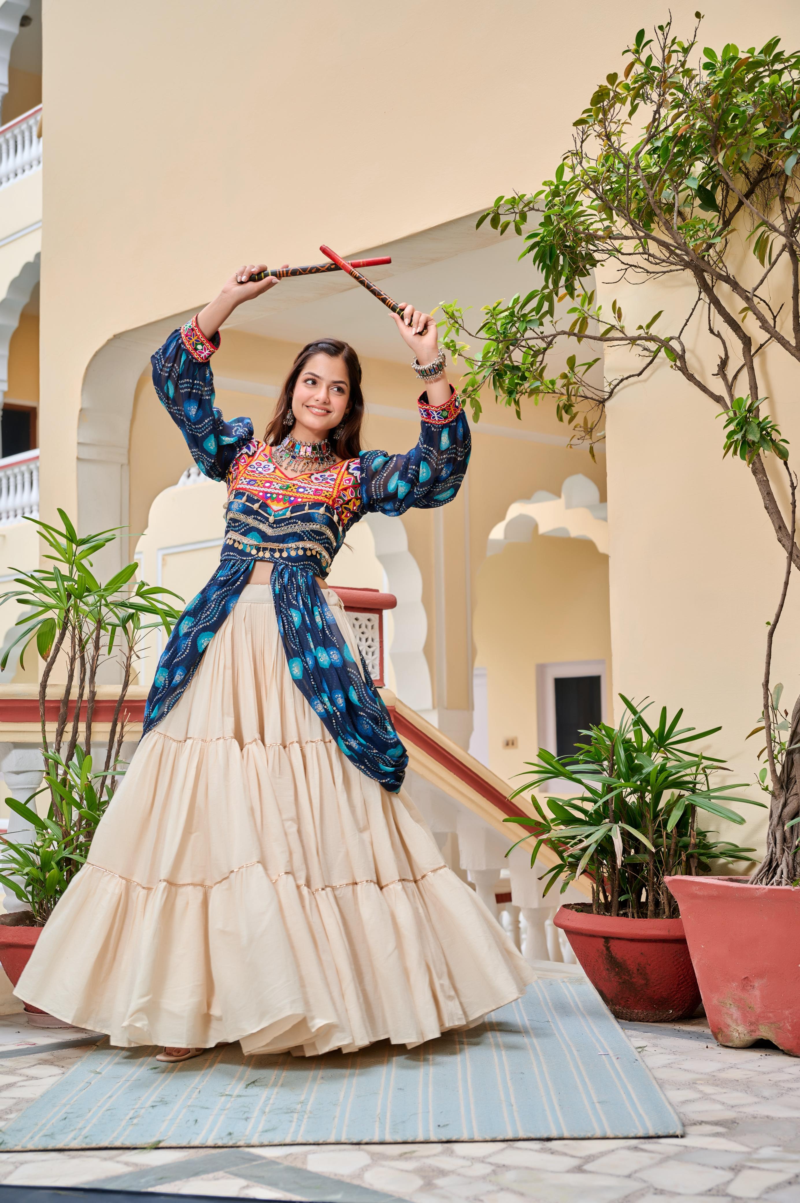 Blue Authentic Gamthi Work Garba Navratri Chaniya Choli with Shrug