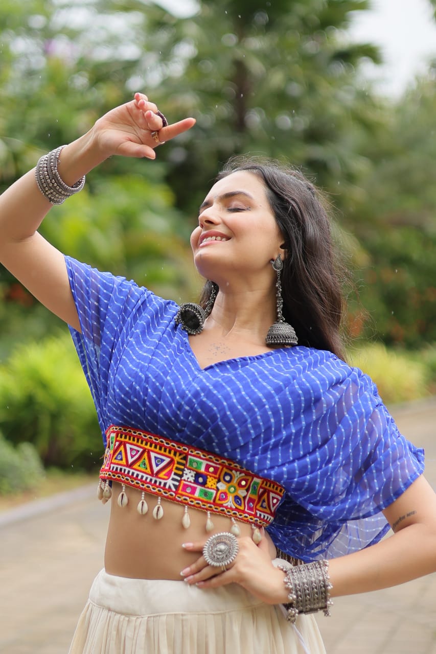 Blue Navratri Twirl: Kora Cotton Garba Lehenga with 12-Meter Flair