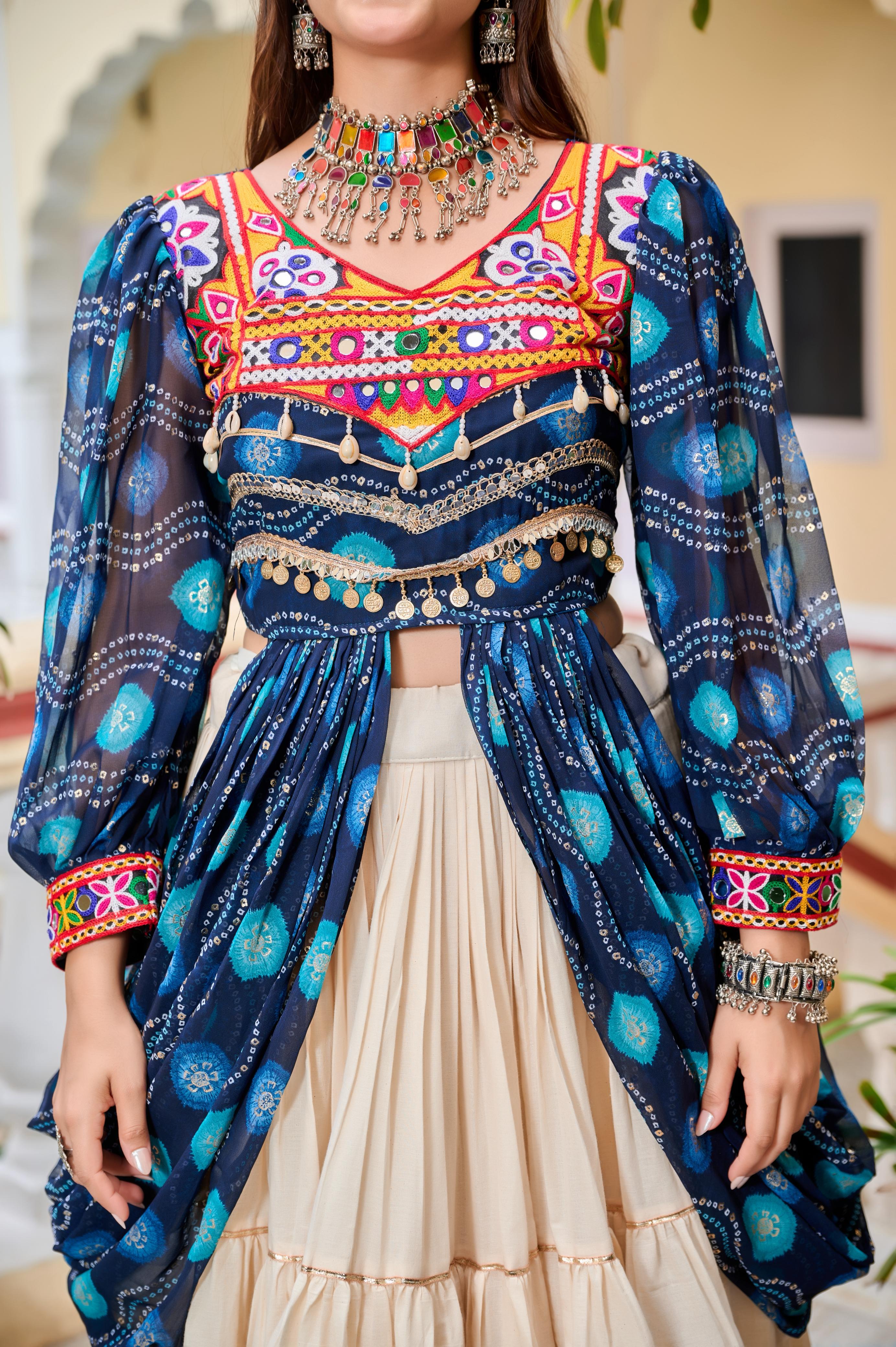 Blue Authentic Gamthi Work Garba Navratri Chaniya Choli with Shrug