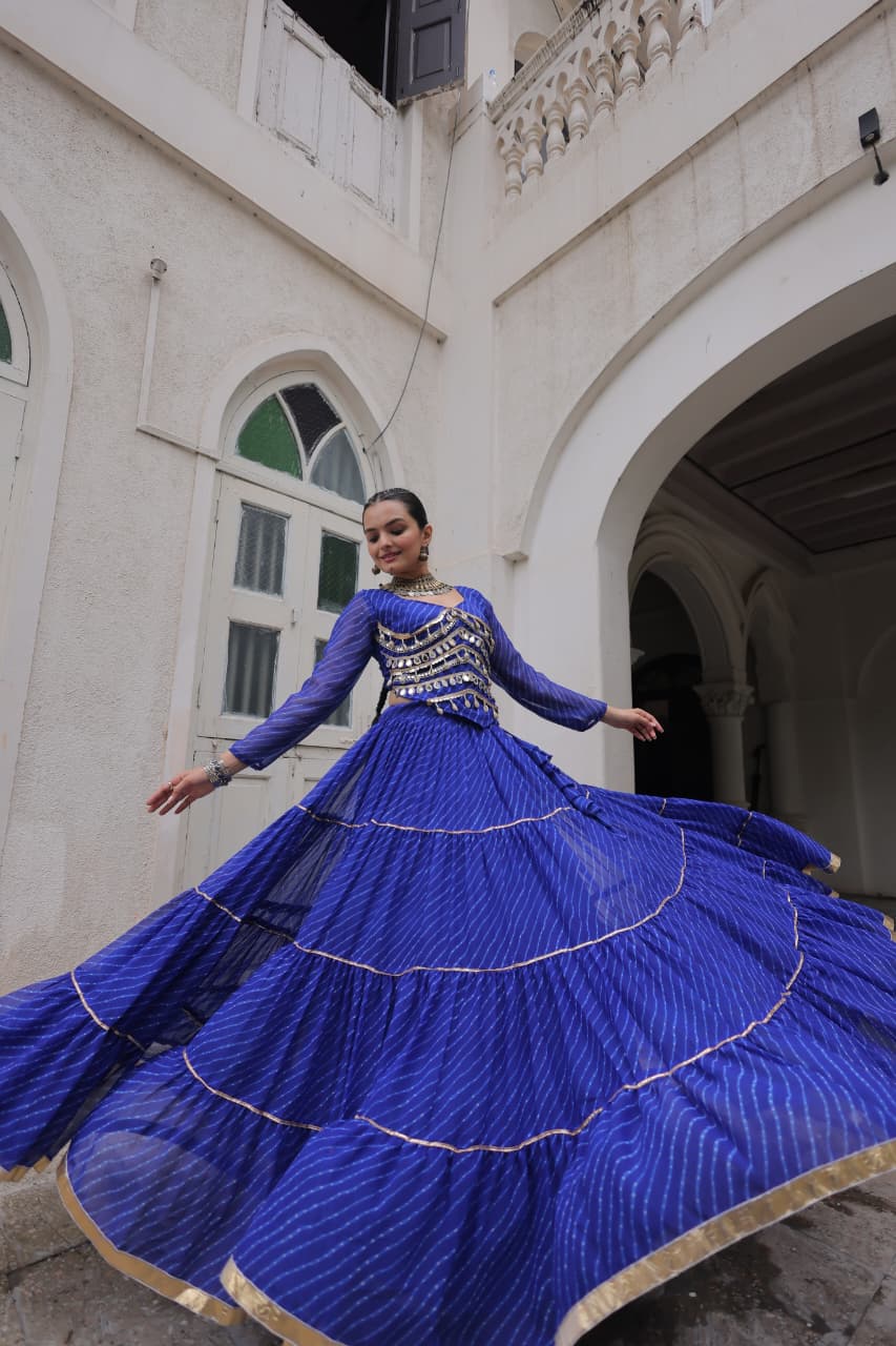 Blue Leheriya Print Garba Navratri Chaniya Choli with 12-Meter Flair