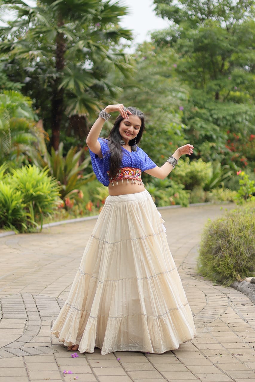 Blue Navratri Twirl: Kora Cotton Garba Lehenga with 12-Meter Flair