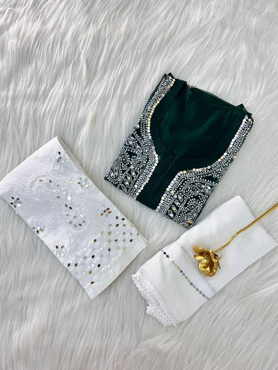 Bottle Green Georgette Mirror Gala Booti Chikankari Set with Beautiful Handwork Embroidery - Inayakhan Shop 