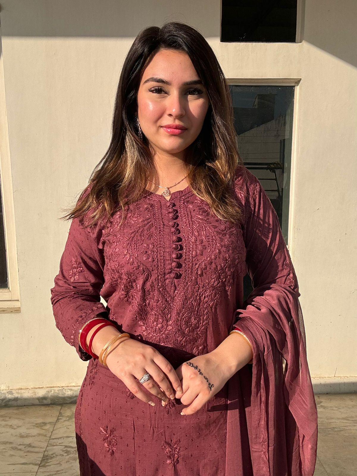 Brick Red Lucknow Chikankari Hand Work Dobby Cotton Tone-to-Tone 3-Piece Co-ord Palazzo Set with Chiffon Dupatta - Inayakhan Shop 