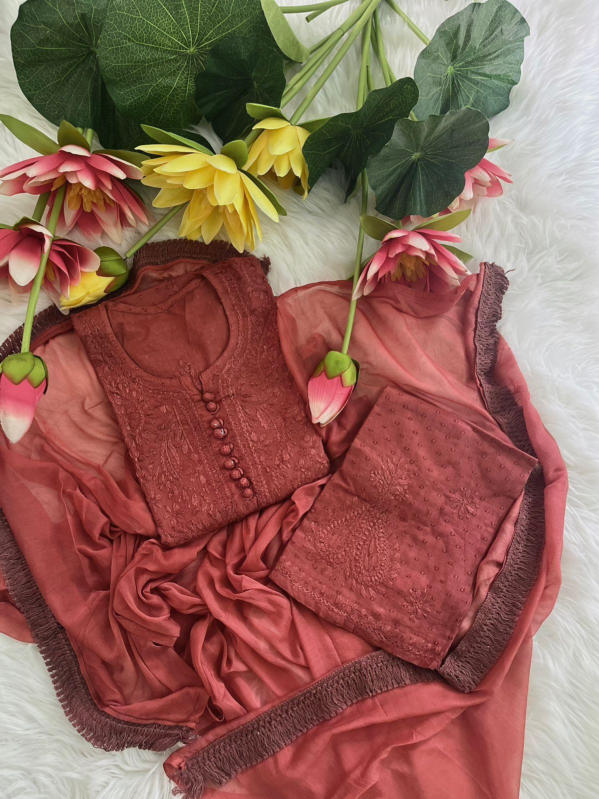 Brick Red Lucknow Chikankari Hand Work Dobby Cotton Tone-to-Tone 3-Piece Co-ord Palazzo Set with Chiffon Dupatta - Inayakhan Shop 