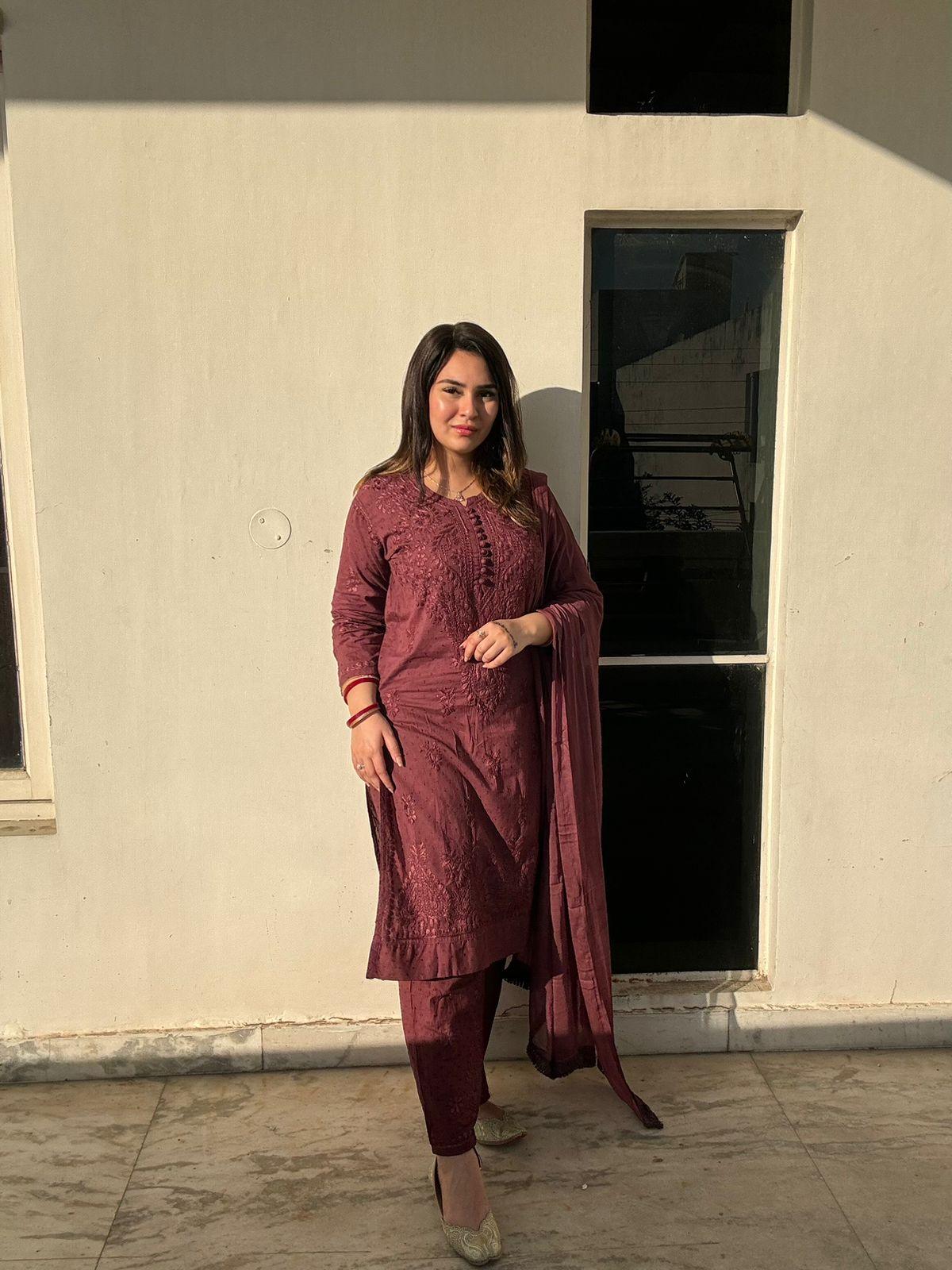Brick Red Lucknow Chikankari Hand Work Dobby Cotton Tone-to-Tone 3-Piece Co-ord Palazzo Set with Chiffon Dupatta - Inayakhan Shop 