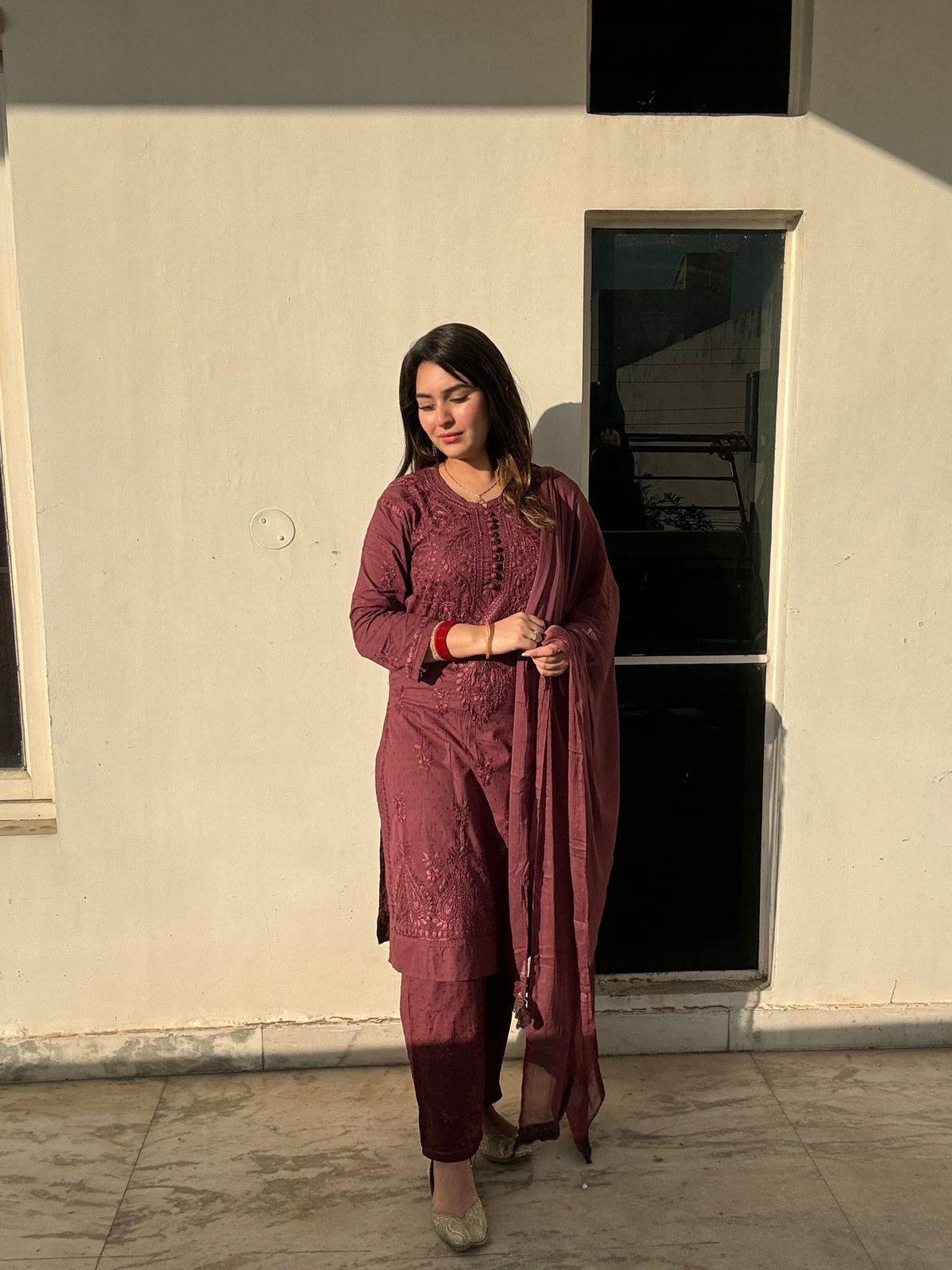 Brick Red Lucknow Chikankari Hand Work Dobby Cotton Tone-to-Tone 3-Piece Co-ord Palazzo Set with Chiffon Dupatta - Inayakhan Shop 