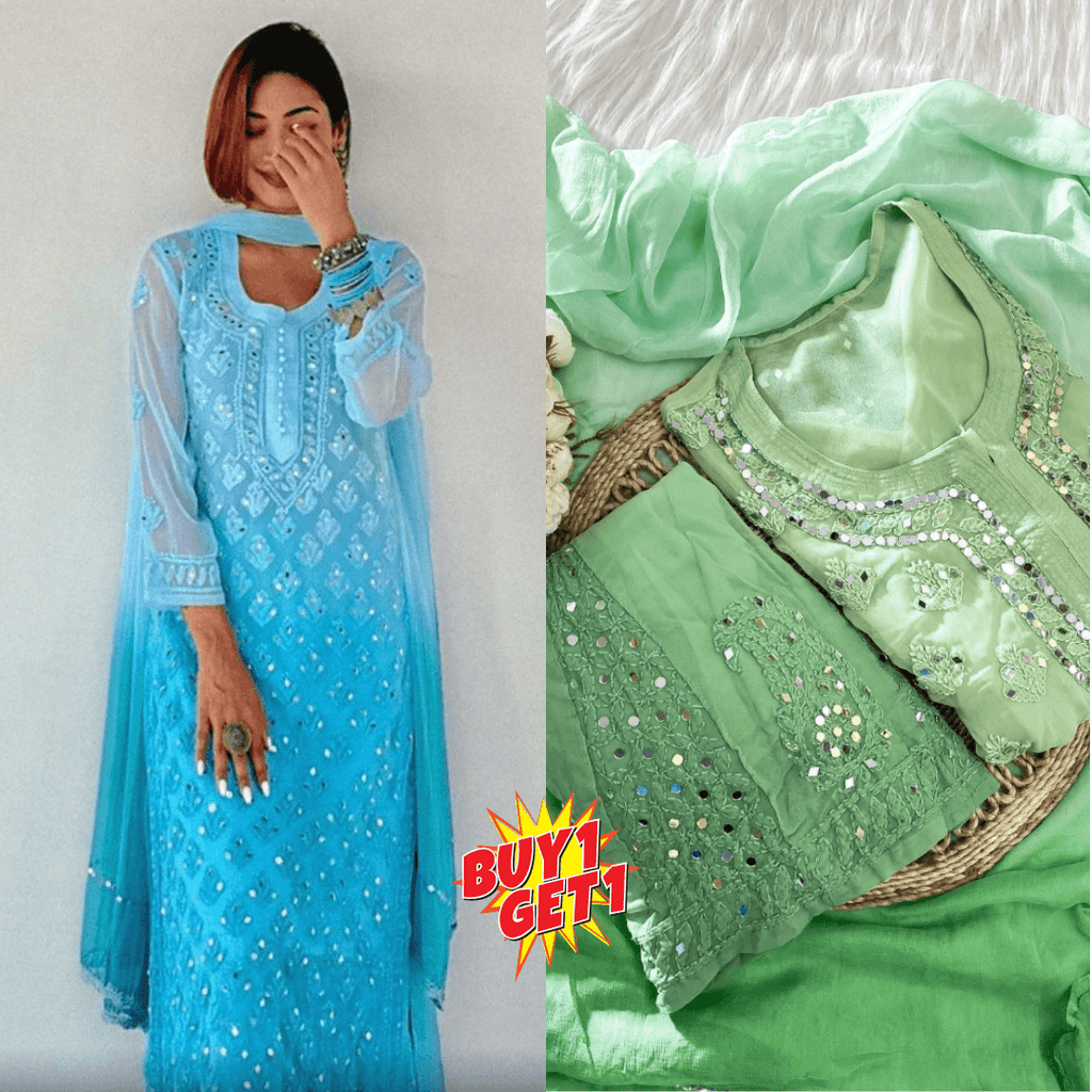Buy 1 Get 1 Combo Price Chikankari Elegance Ombré Mirror Booti Jaal Set (Aqua Blue / Green) - Inayakhan Shop 