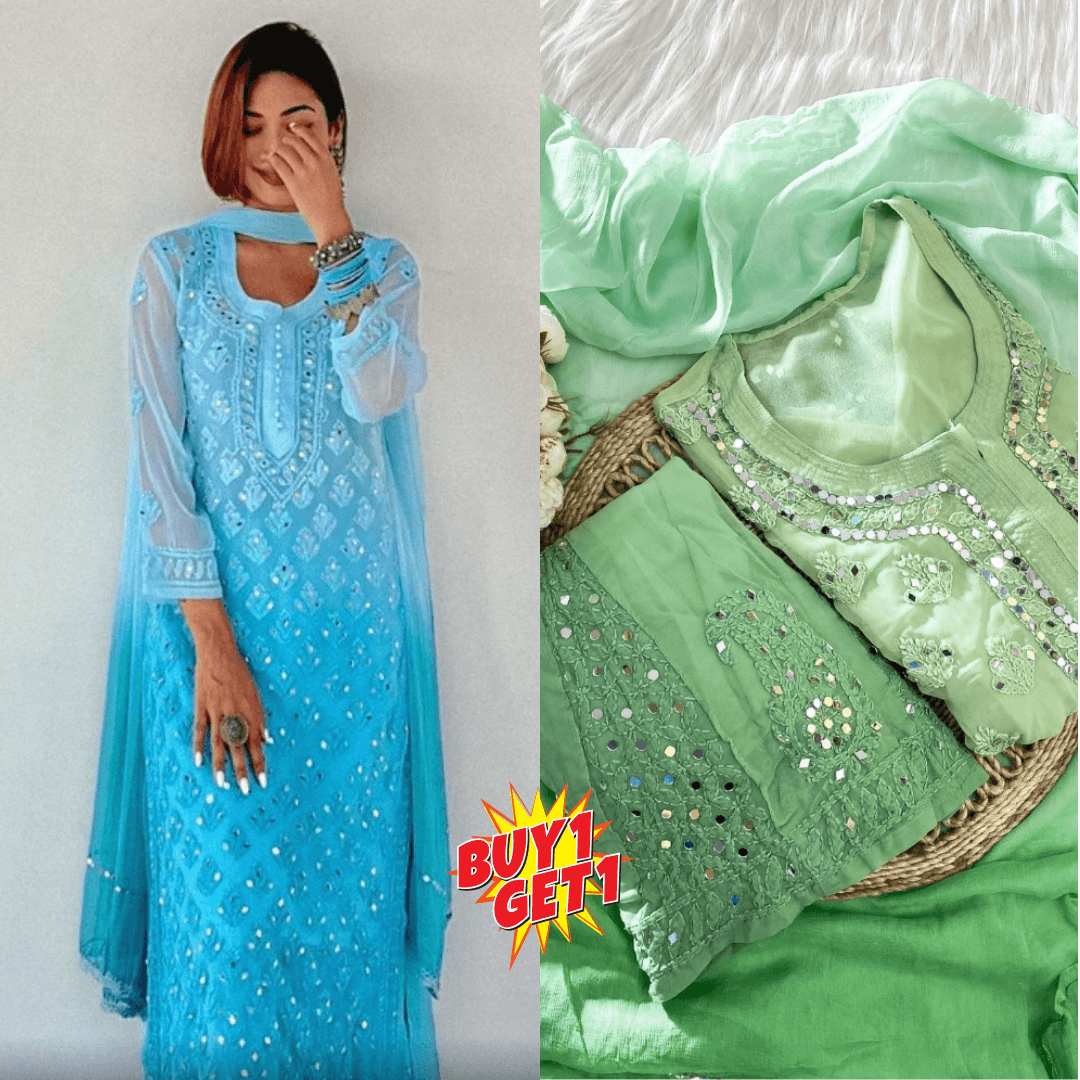 Buy 1 Get 1 Combo Price Chikankari Elegance Ombré Mirror Booti Jaal Set (Aqua Blue / Green) - Inayakhan Shop 