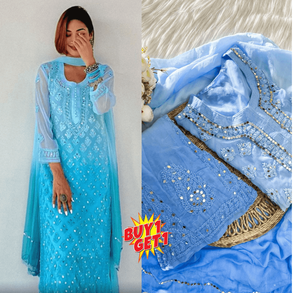 Buy 1 Get 1 Combo Price Chikankari Elegance Ombré Mirror Booti Jaal Set (Aqua Blue / Light Blue) - Inayakhan Shop 