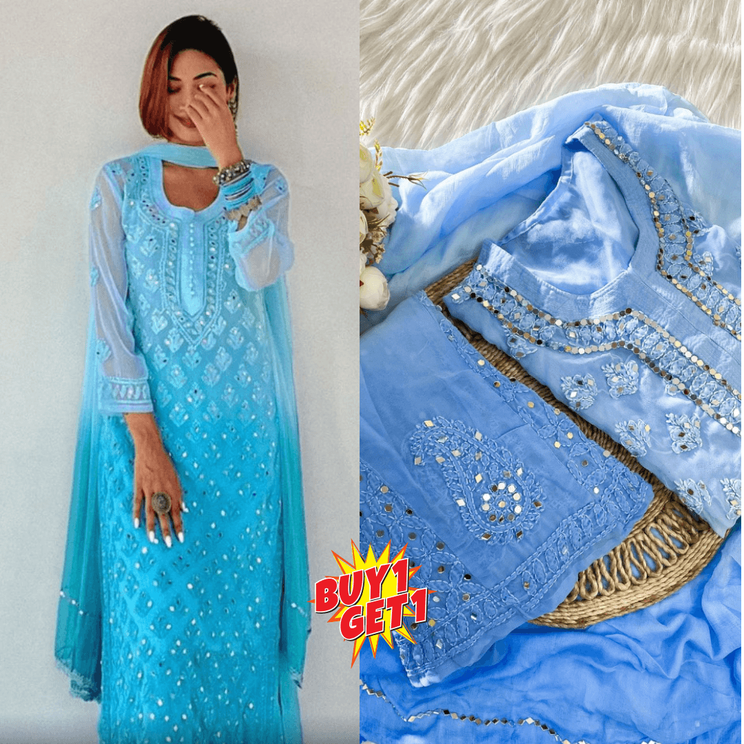 Buy 1 Get 1 Combo Price Chikankari Elegance Ombré Mirror Booti Jaal Set (Aqua Blue / Light Blue) - Inayakhan Shop 