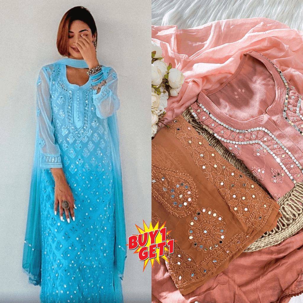 Buy 1 Get 1 Combo Price Chikankari Elegance Ombré Mirror Booti Jaal Set (Aqua Blue / Peach) - Inayakhan Shop 