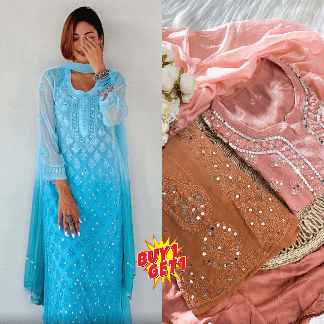 Buy 1 Get 1 Combo Price Chikankari Elegance Ombré Mirror Booti Jaal Set (Aqua Blue / Peach) - Inayakhan Shop 