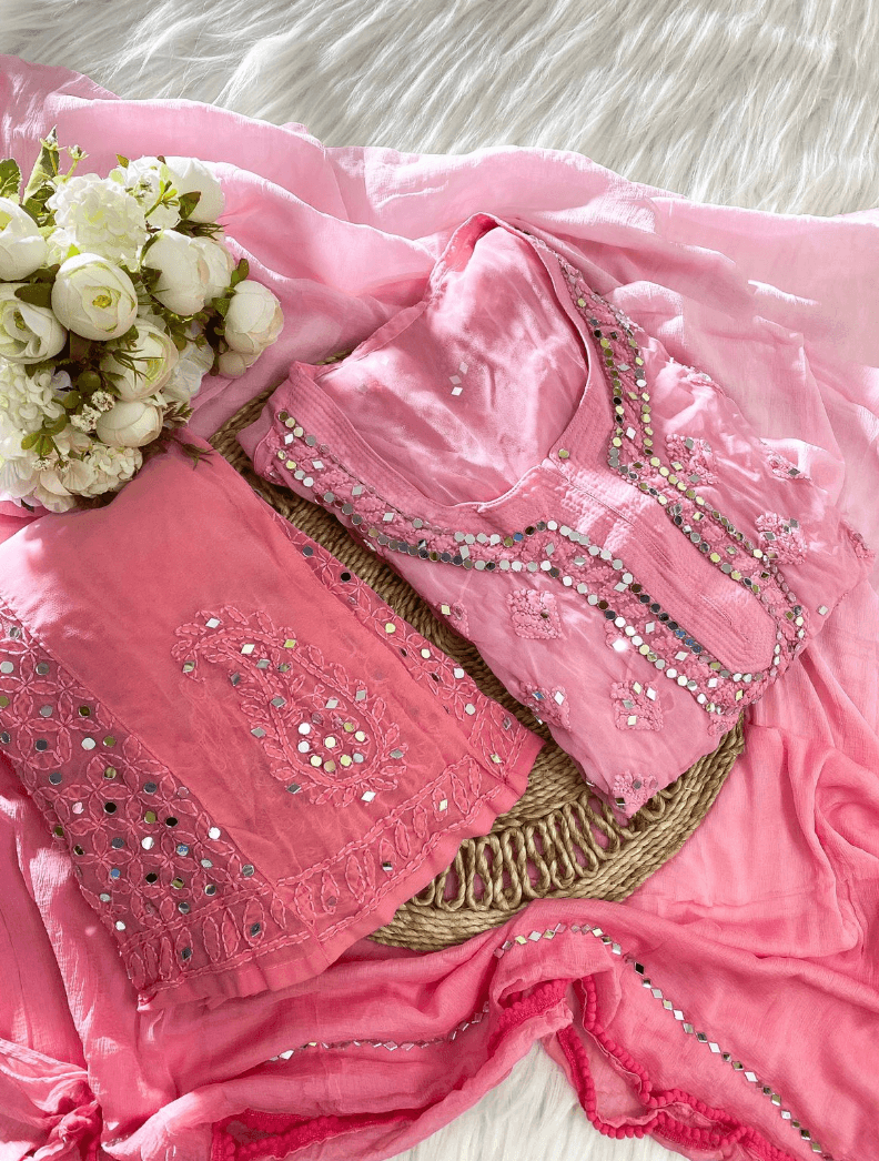 Buy 1 Get 1 Combo Price Chikankari Elegance Ombré Mirror Booti Jaal Set (Aqua Blue / Pink) - Inayakhan Shop 
