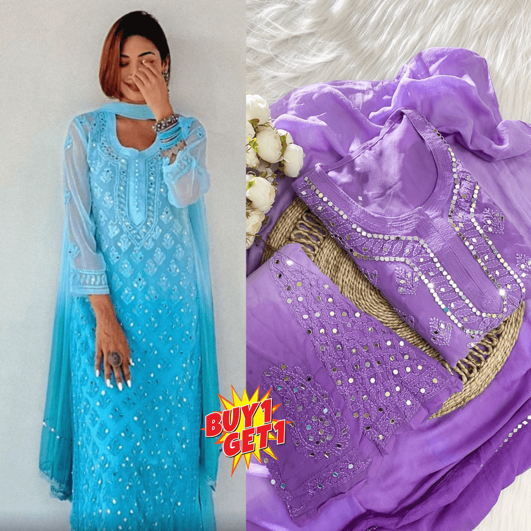 Buy 1 Get 1 Combo Price Chikankari Elegance Ombré Mirror Booti Jaal Set (Aqua Blue / Purple) - Inayakhan Shop 