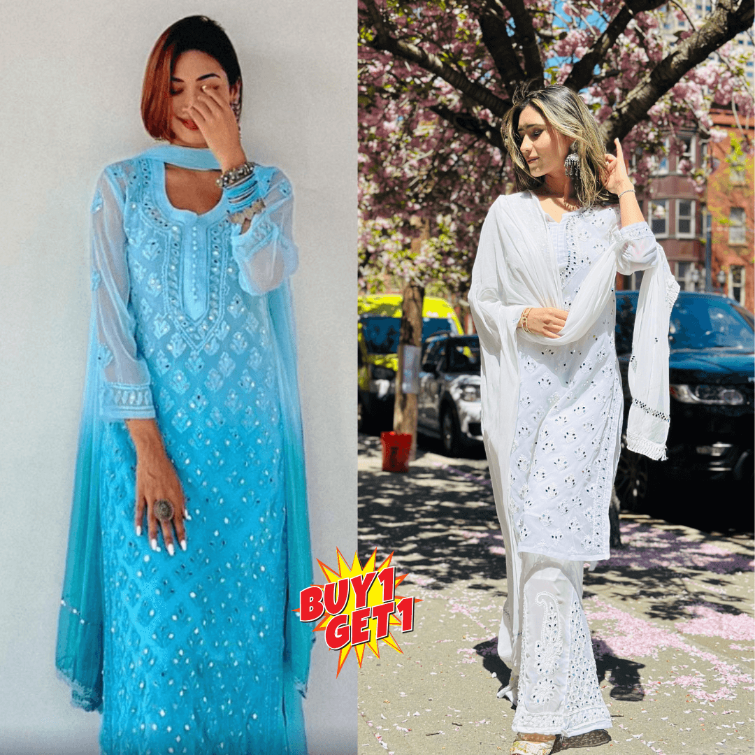 Buy 1 Get 1 Combo. Price Chikankari Elegance Ombré Mirror Booti Jaal Set (Aqua Blue / White) - Inayakhan Shop 