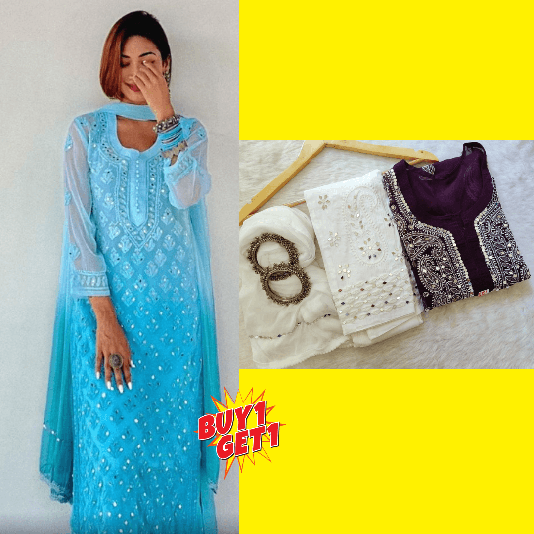 Buy 1 Get 1 Combo Price Chikankari Elegance Ombré Mirror Booti Jaal Set (Aqua Blue / Wine Set) - Inayakhan Shop 