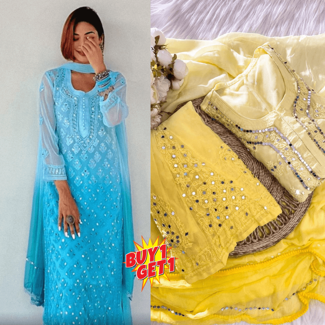 Buy 1 Get 1 Combo Price Chikankari Elegance Ombré Mirror Booti Jaal Set (Aqua Blue / Yellow) - Inayakhan Shop 