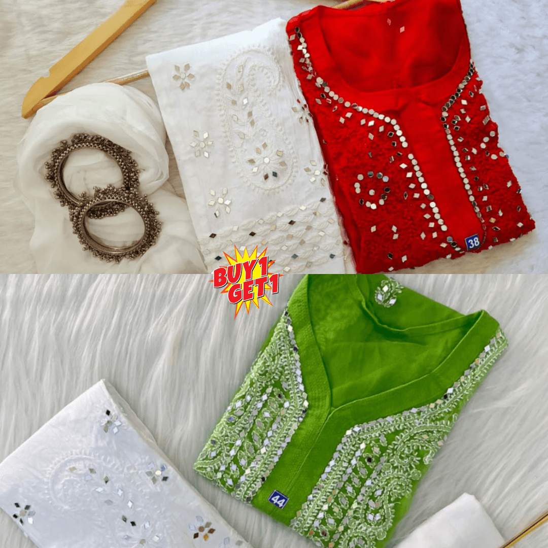 Buy 1 Get 1 Combo Price Georgette Mirror Gala Booti Chikankari Set with Beautiful Handwork - Inayakhan Shop 
