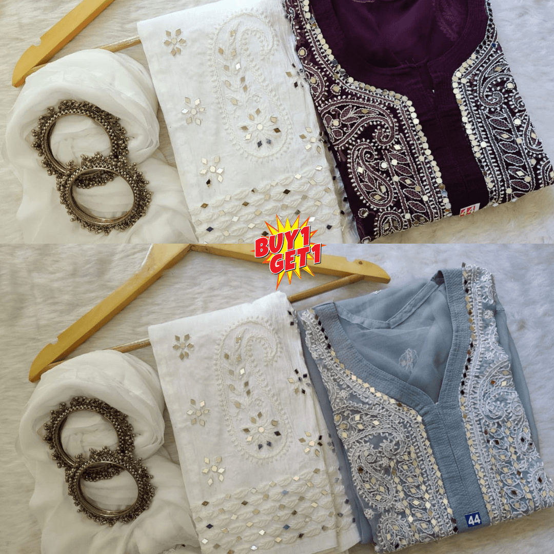 Buy 1 Get 1 Combo Price Georgette Mirror Gala Booti Chikankari Set with Beautiful Handwork (Purple/Grey) - Inayakhan Shop 