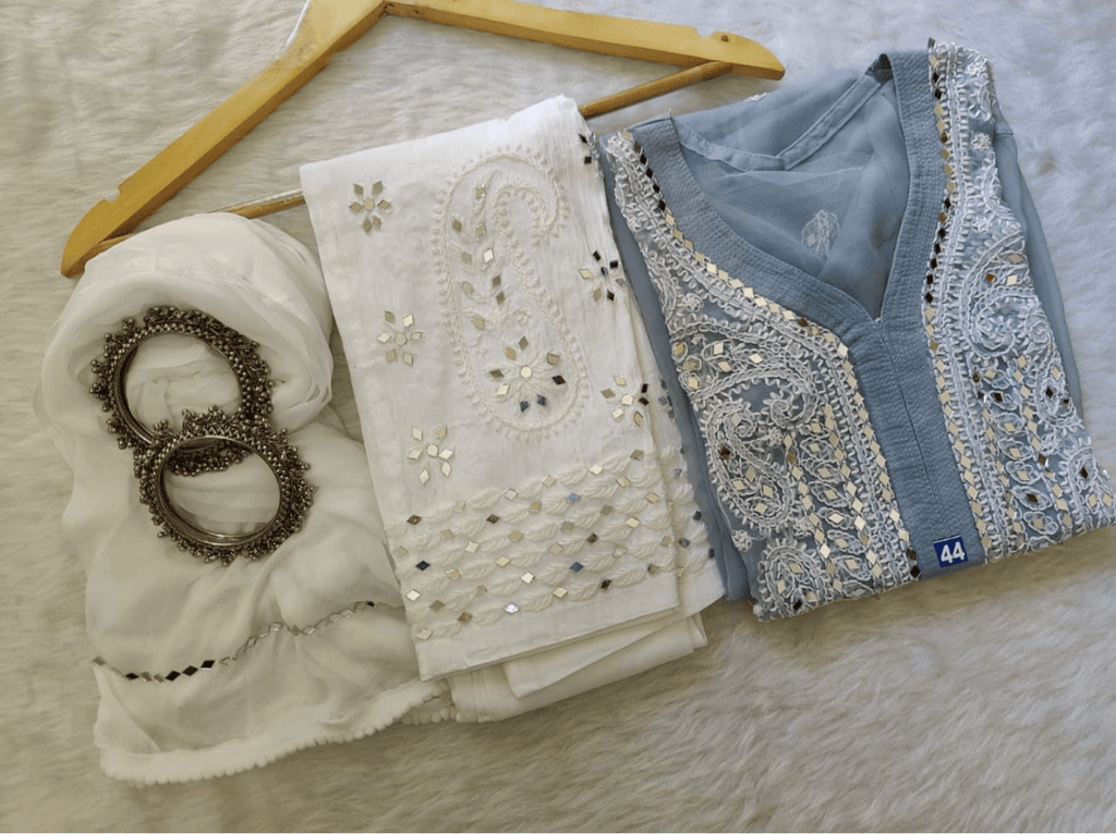Buy 1 Get 1 Combo Price Georgette Mirror Gala Booti Chikankari Set with Beautiful Handwork (Purple/Grey) - Inayakhan Shop 