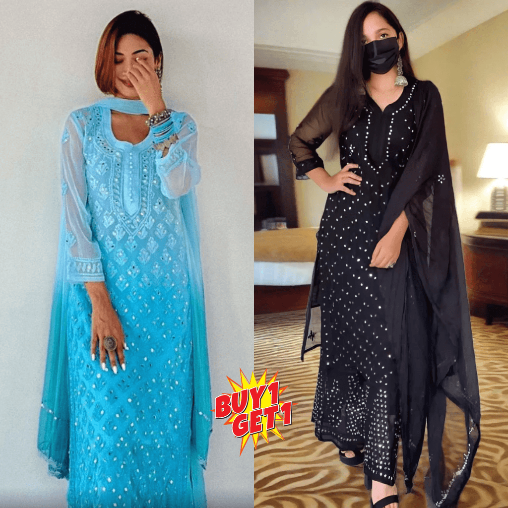 Buy 1 Get 1 Value Price Chikankari Elegance Ombré Mirror Booti Jaal Set (Aqua Blue / Black) - Inayakhan Shop 