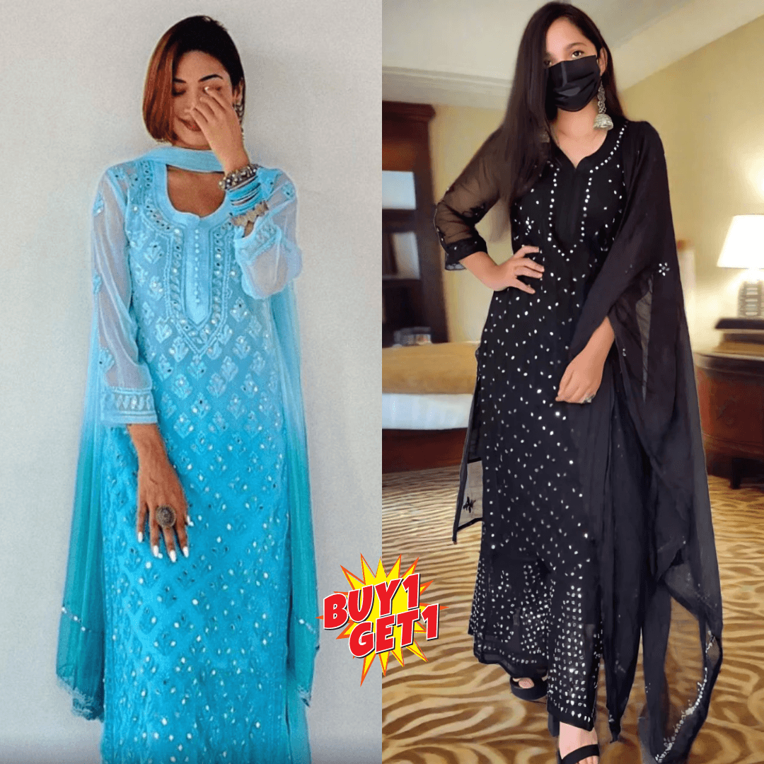 Buy 1 Get 1 Value Price Chikankari Elegance Ombré Mirror Booti Jaal Set (Aqua Blue / Black) - Inayakhan Shop 