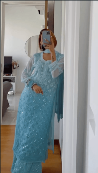 Buy 1 Get 1 Value Price Chikankari Elegance Ombré Mirror Booti Jaal Set (Aqua Blue / Black) - Inayakhan Shop 