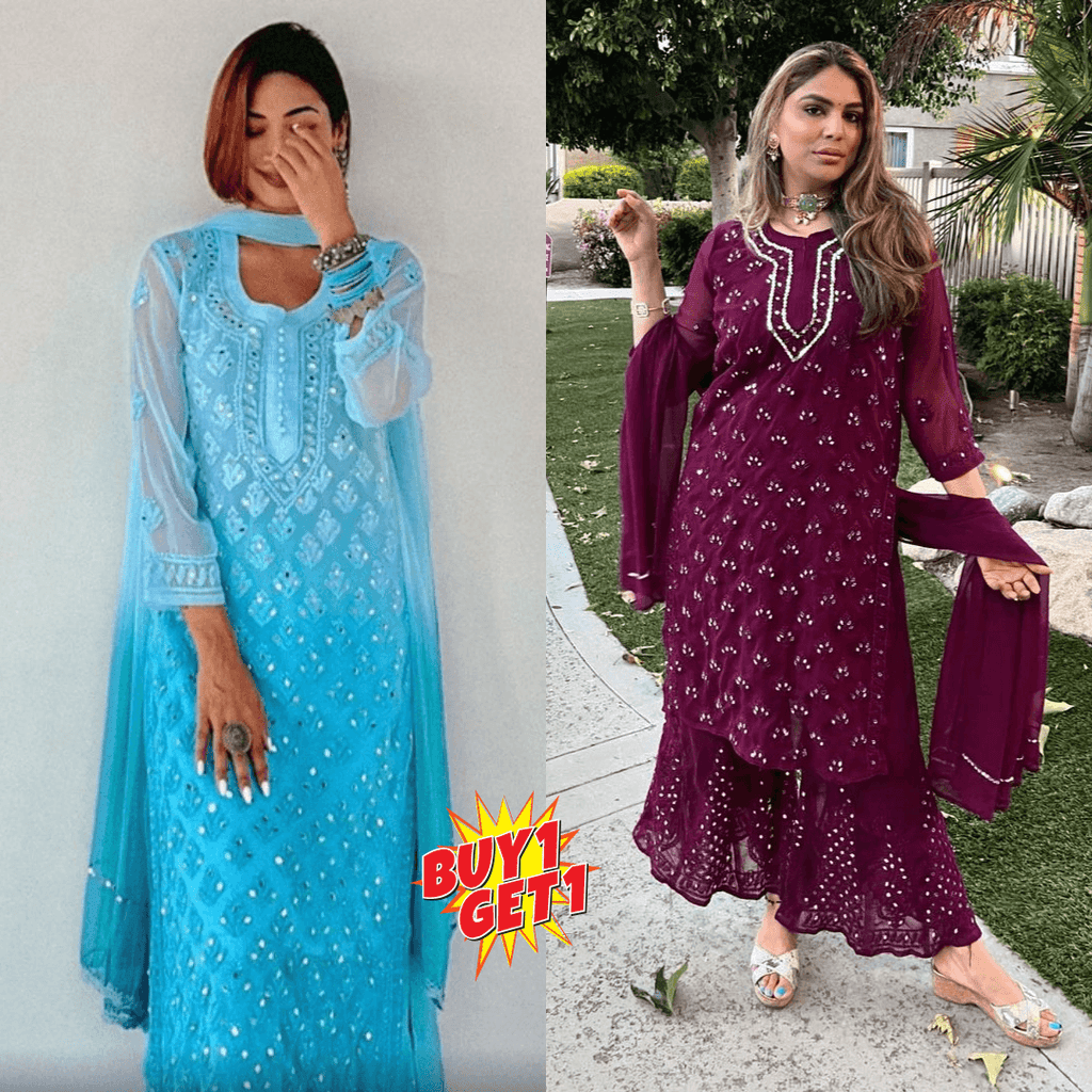 Buy 1 Get 1 Value Price Chikankari Elegance Ombré Mirror Booti Jaal Set (Aqua Blue / Wine) - Inayakhan Shop 