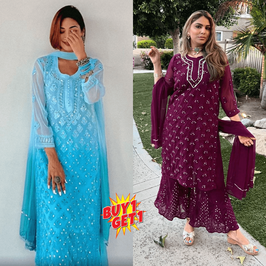 Buy 1 Get 1 Value Price Chikankari Elegance Ombré Mirror Booti Jaal Set (Aqua Blue / Wine) - Inayakhan Shop 