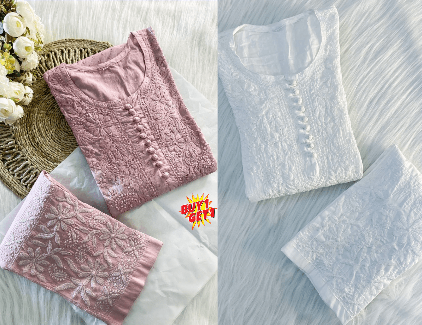 Buy 1 Get 1 Value Price Cotton Chikankari Paisley Handwork Kurta and Pant Sets - Inayakhan Shop 