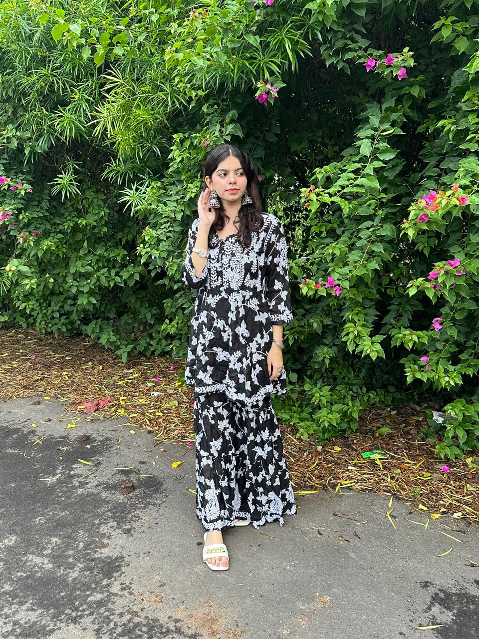 Classy Black Premium Lucknow Chikankari Mulmul Gharara Set