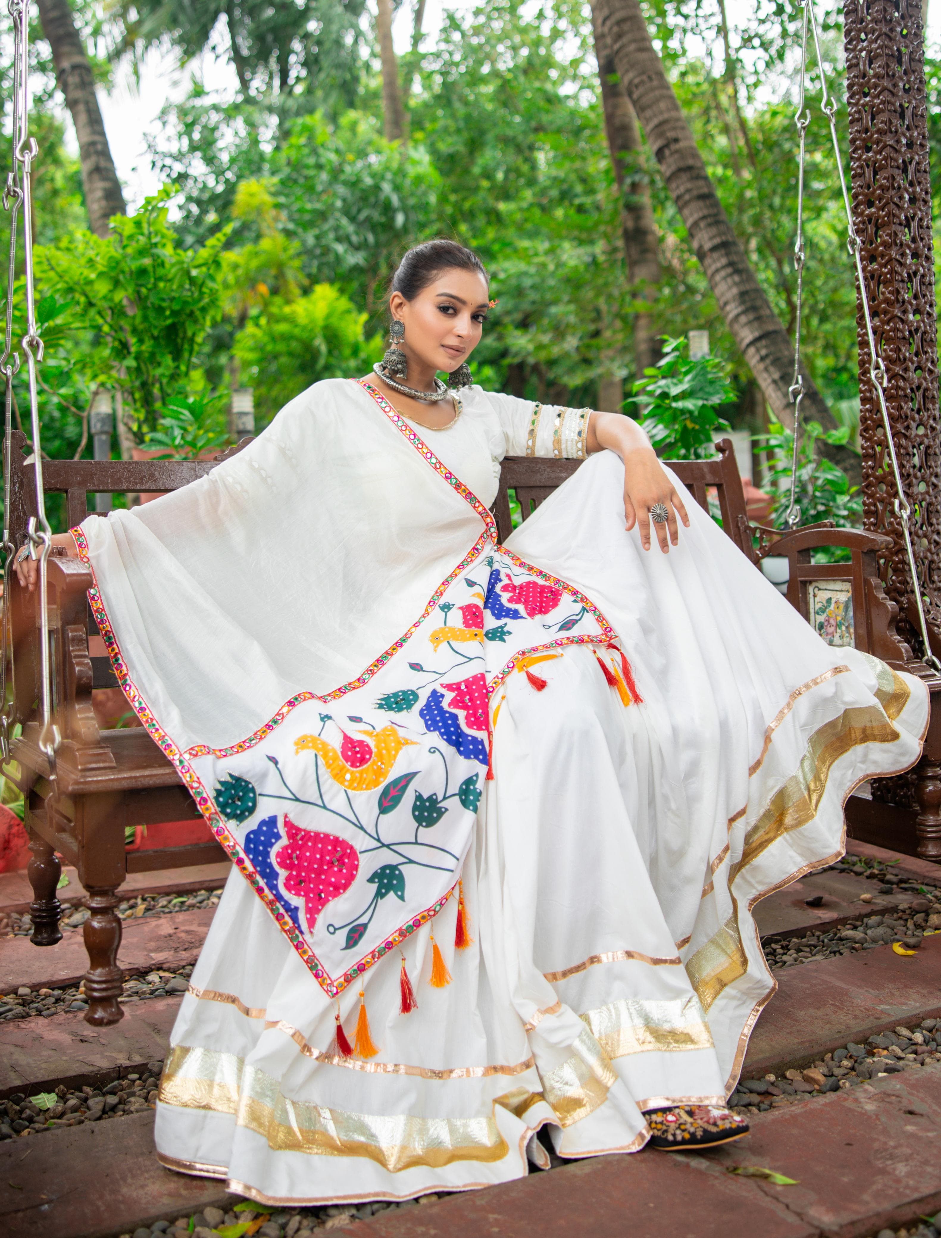 Ivory Dream: Pure Cotton White Garba Chaniya Choli with Mirror Work