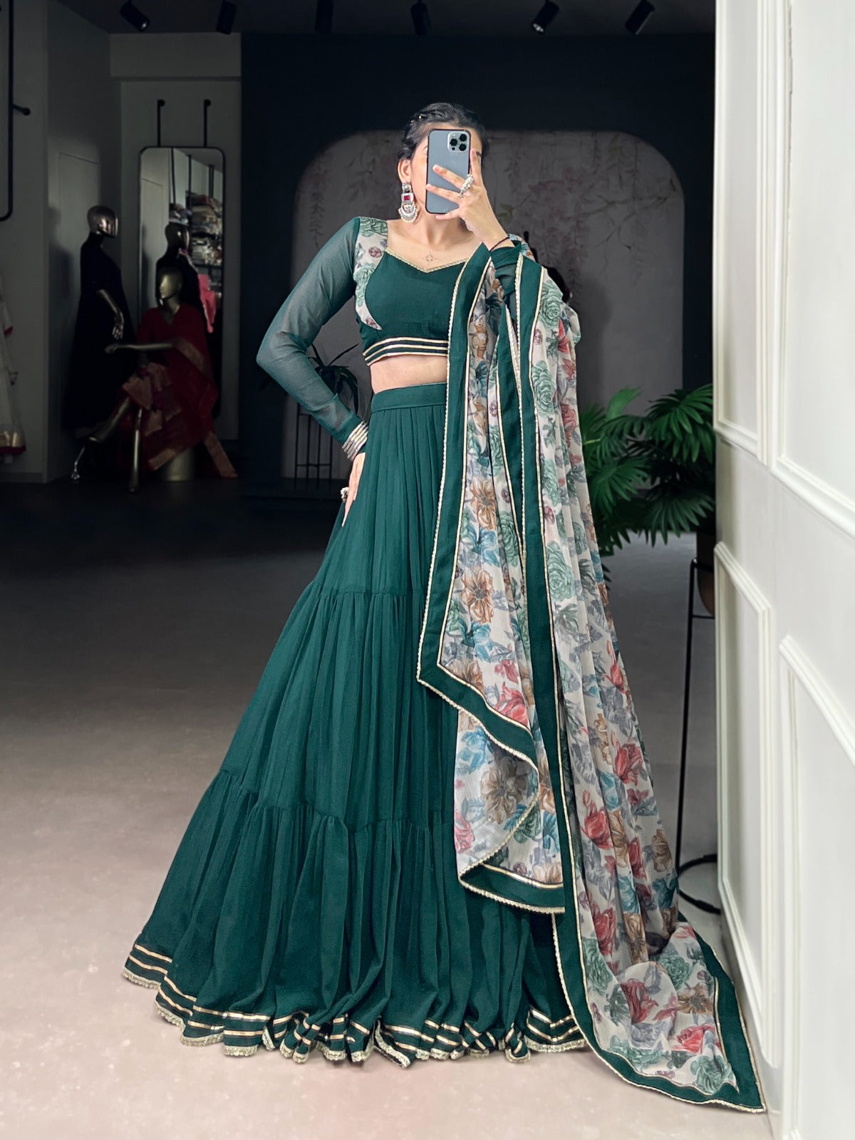 Dark Green Printed Marble Fabric Navratri Garba Chaniya Choli with 12-Meter Flair