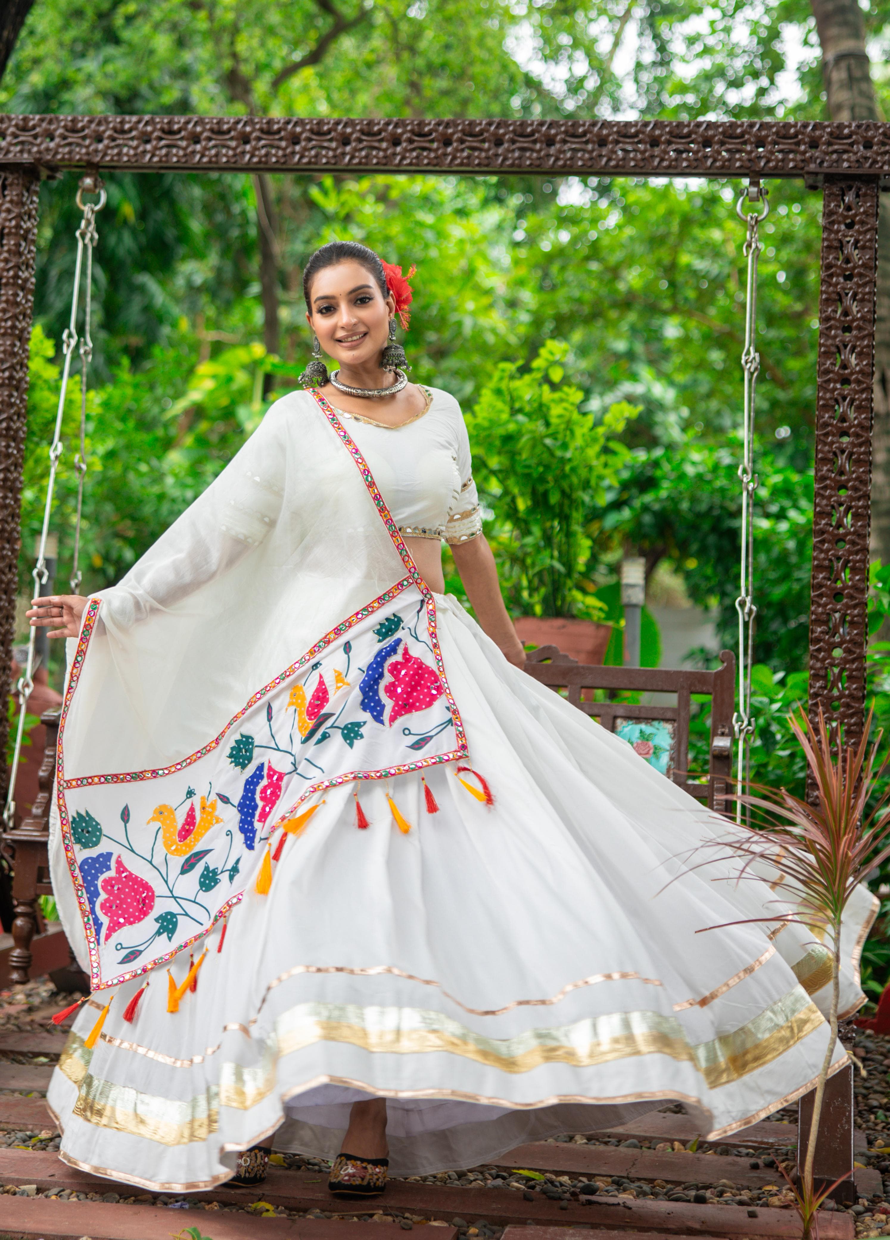 Ivory Dream: Pure Cotton White Garba Chaniya Choli with Mirror Work
