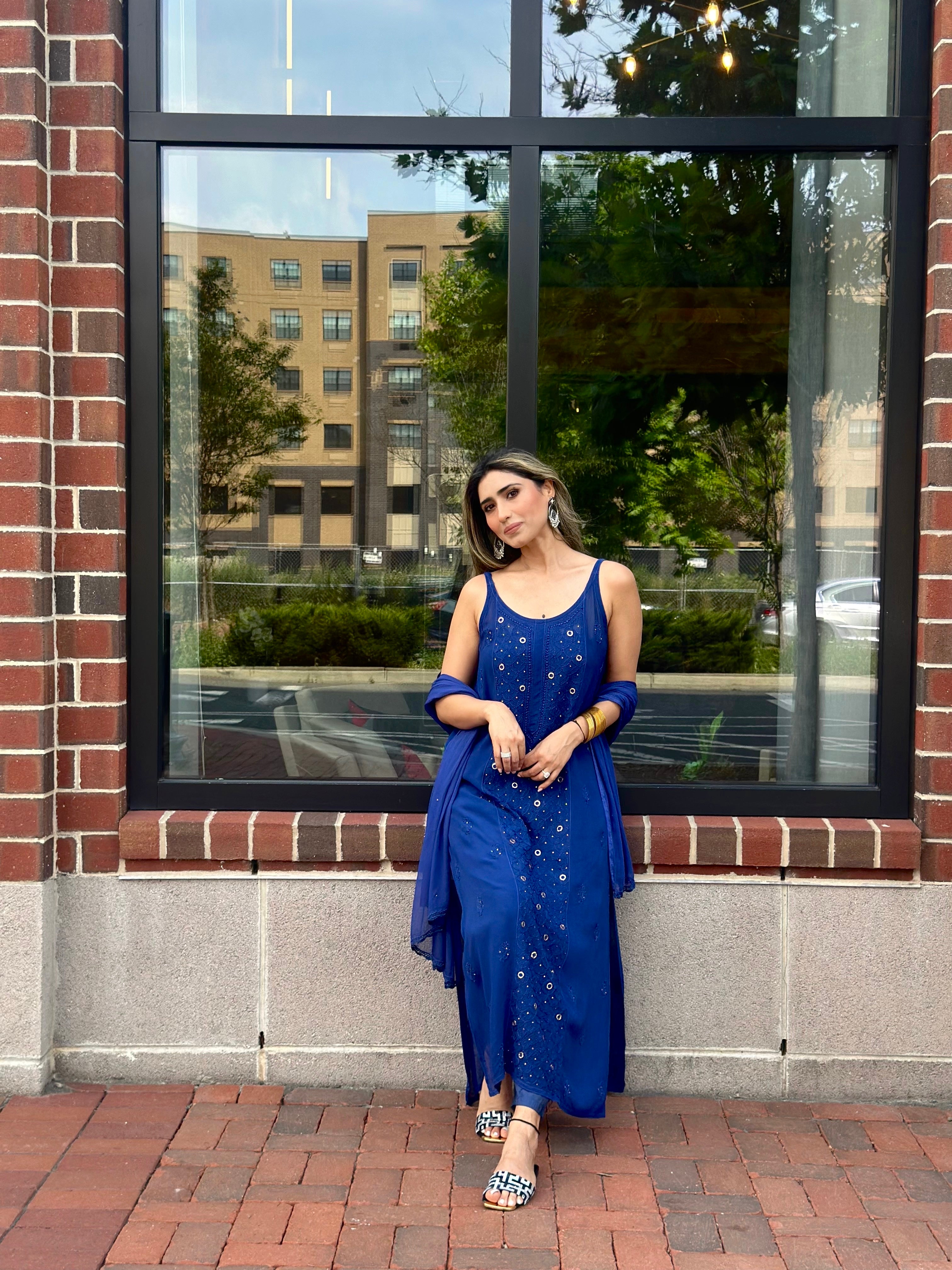 Blue Luxe Viscose Ring Work Jaal Lucknow Chikankari Kurti and Pant Set with Dupatta