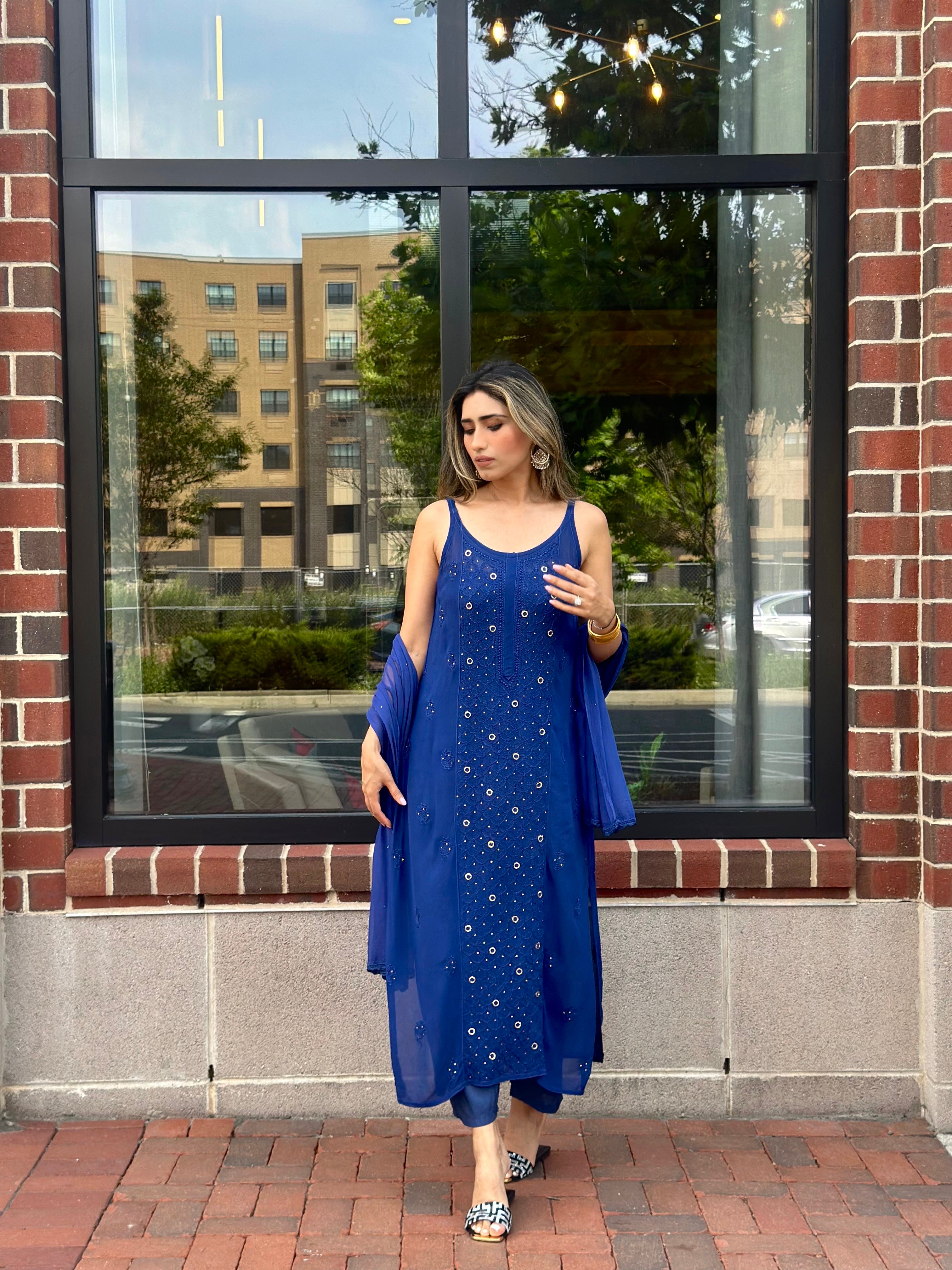 Blue Luxe Viscose Ring Work Jaal Lucknow Chikankari Kurti and Pant Set with Dupatta