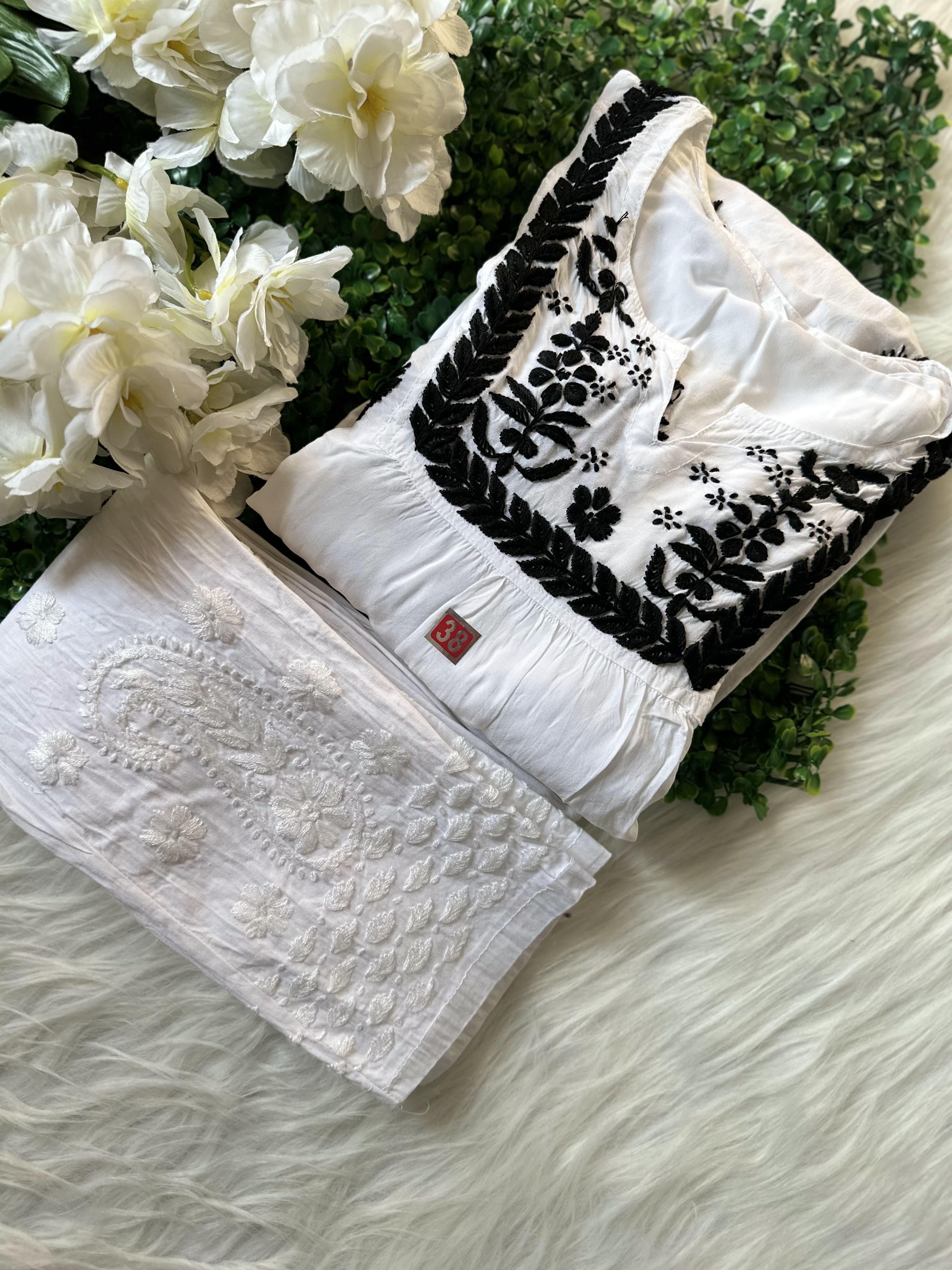 Elegant Black and White Lucknow Chikankari Modal Nyra Cut Set