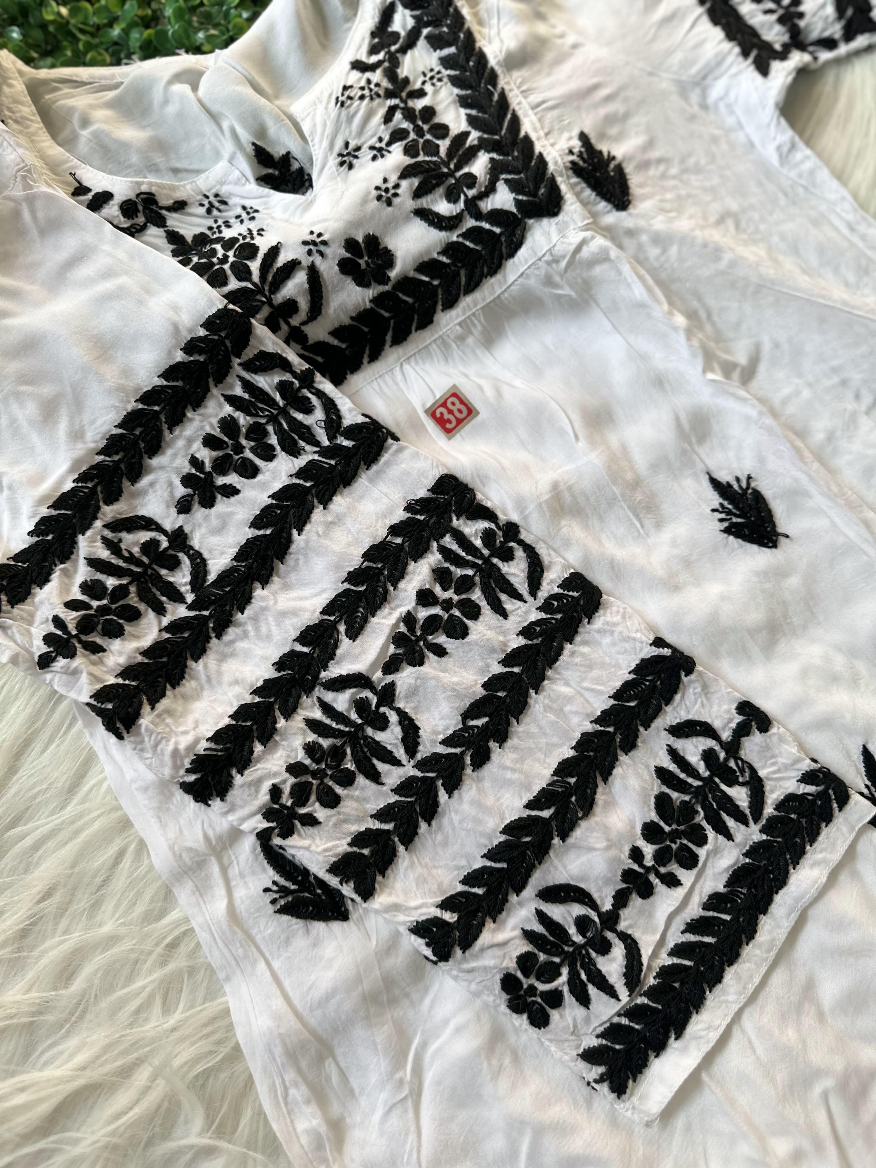 Elegant Black and White Lucknow Chikankari Modal Nyra Cut Set