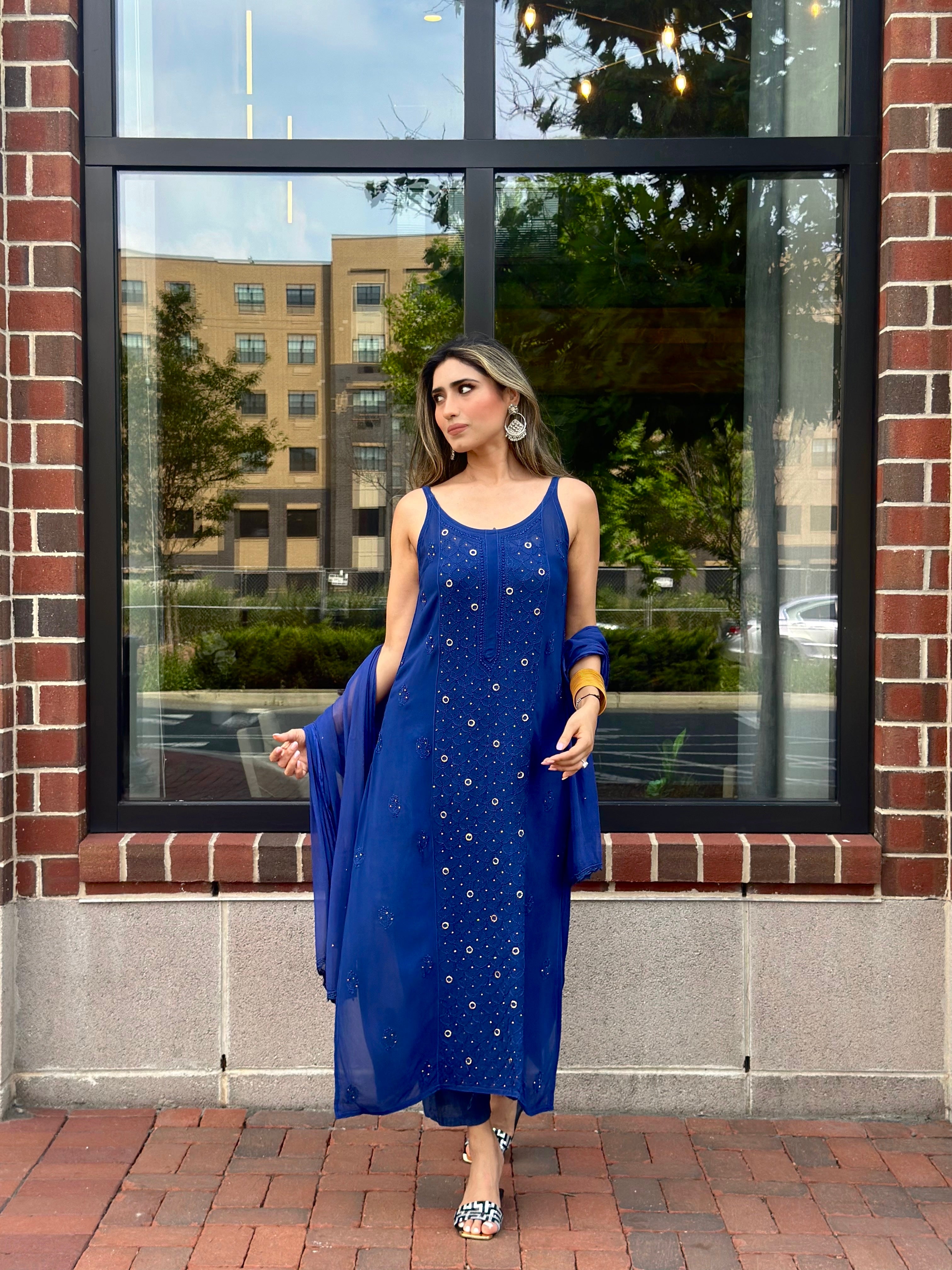 Blue Luxe Viscose Ring Work Jaal Lucknow Chikankari Kurti and Pant Set with Dupatta