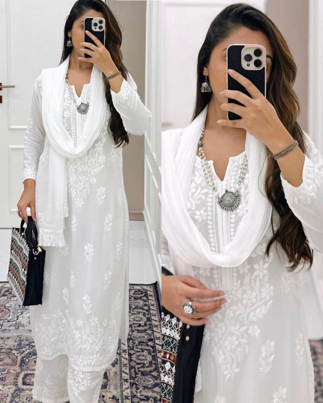 Classic White Ethereal Dyeble Chikankari Kurta Set Upto 5 XL