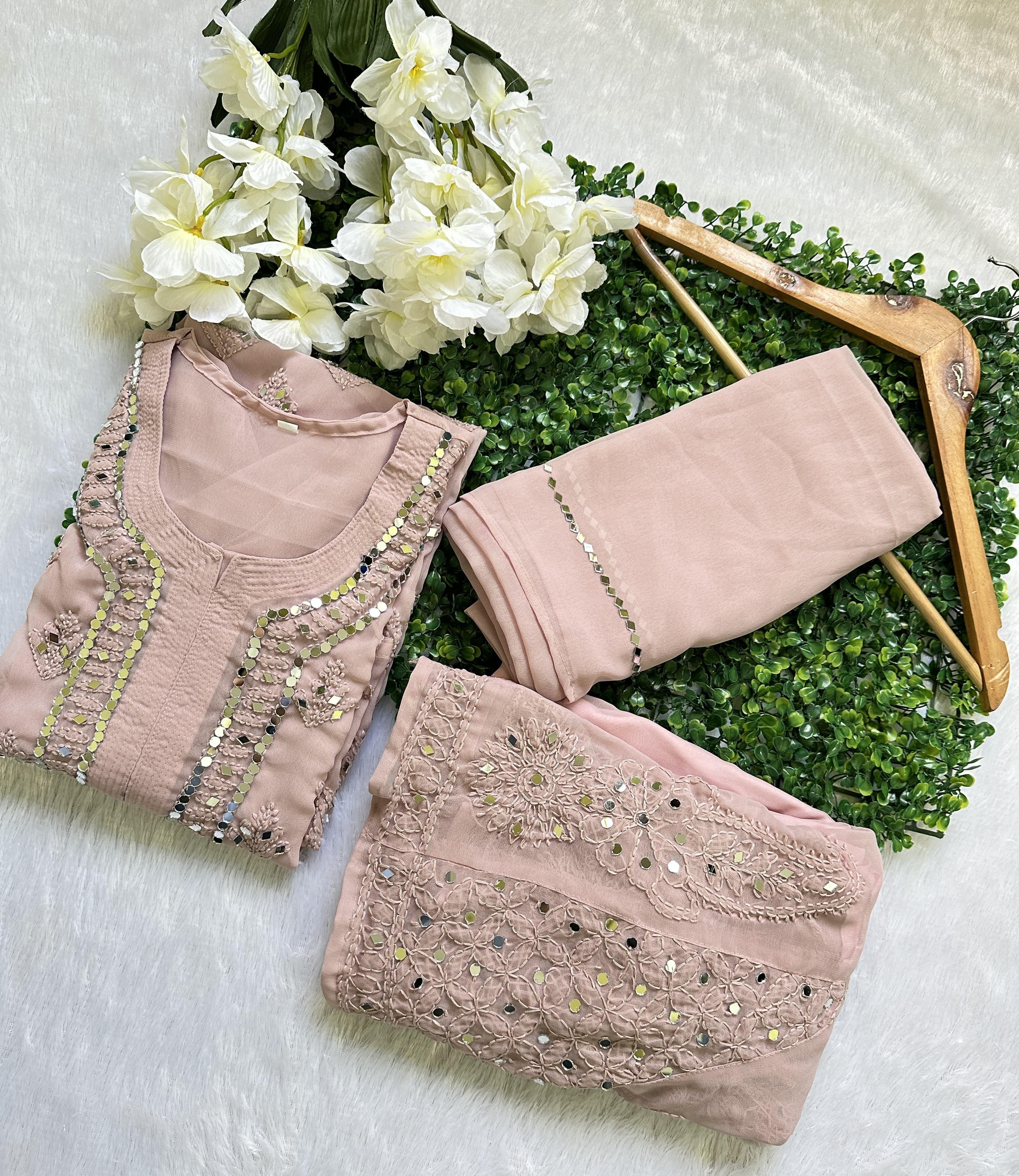 Coffee Cream Best Seller Georgette Mirror Gala Booti Chikankari Set with Beautiful Handwork Embroidery - Inayakhan Shop 