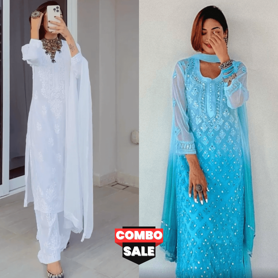 Combo 2 Sets : Aqua Blue Mirror Set and White Ethereal Modal Chikankari Kurta 3 pc Set - Inayakhan Shop 