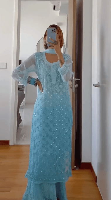 Combo 2 Sets : Aqua Blue Mirror Set and White Ethereal Modal Chikankari Kurta 3 pc Set - Inayakhan Shop 