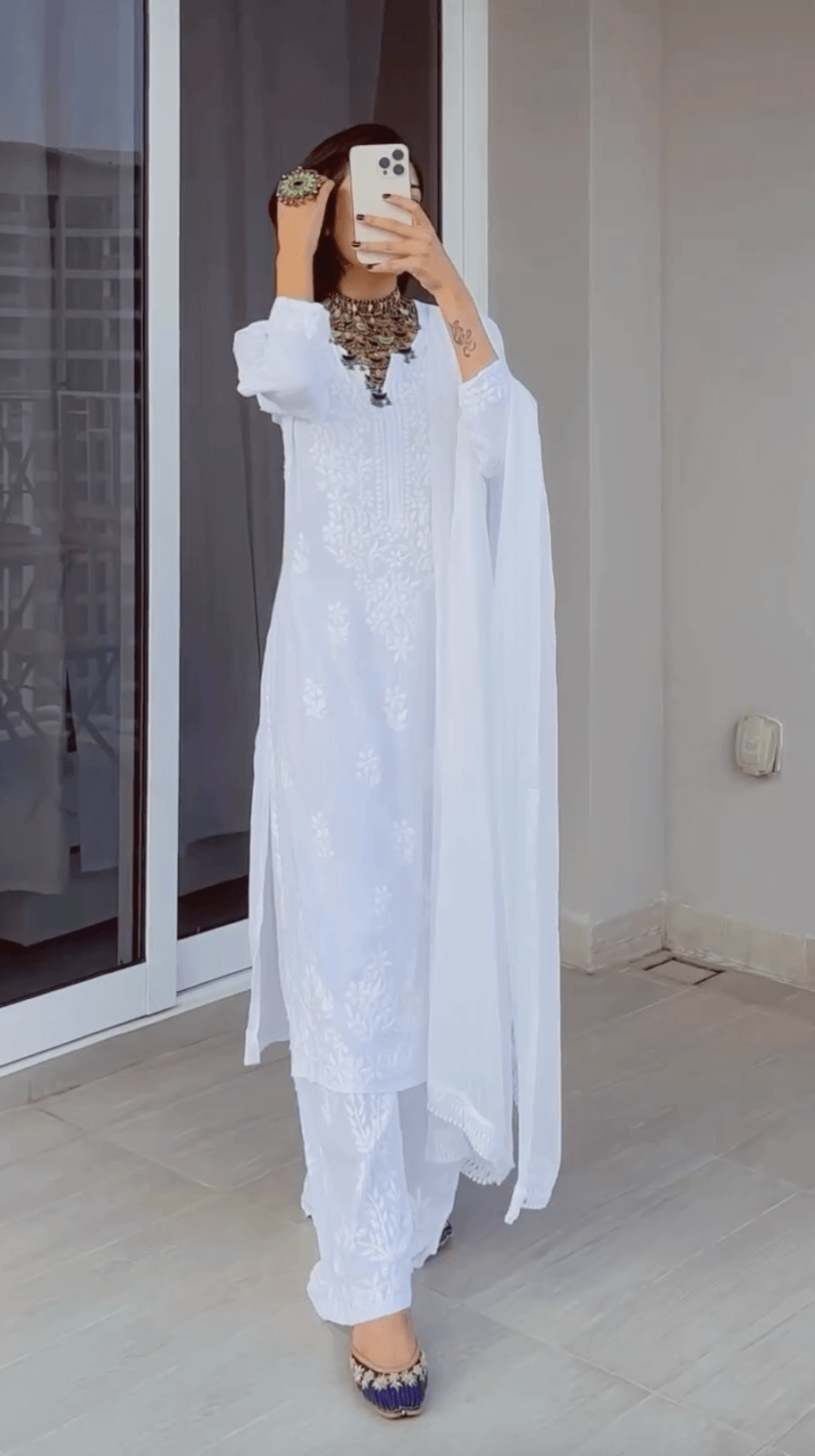 Combo 2 Sets : Aqua Blue Mirror Set and White Ethereal Modal Chikankari Kurta 3 pc Set - Inayakhan Shop 