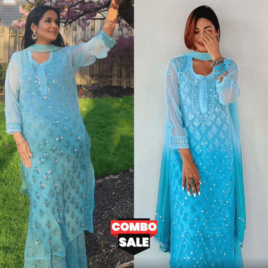 Combo 2 Sets Aqua Mirror Kurta Sharara Set + Pastel Green Chikankari Set - Inayakhan Shop 