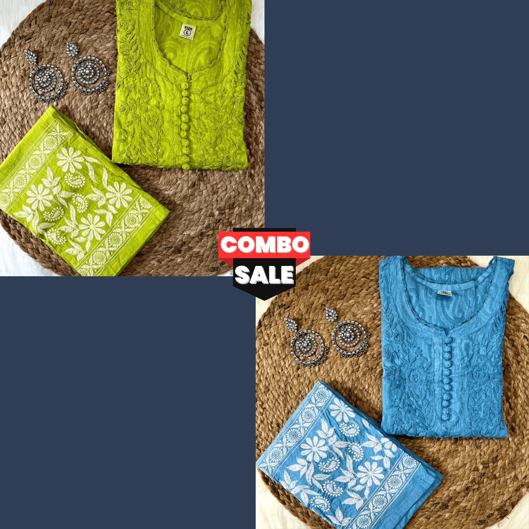 Combo 2 Sets Blue and Parrot Green Cotton Chikankari Hand Work Kurti Suit Designs - Inayakhan Shop 