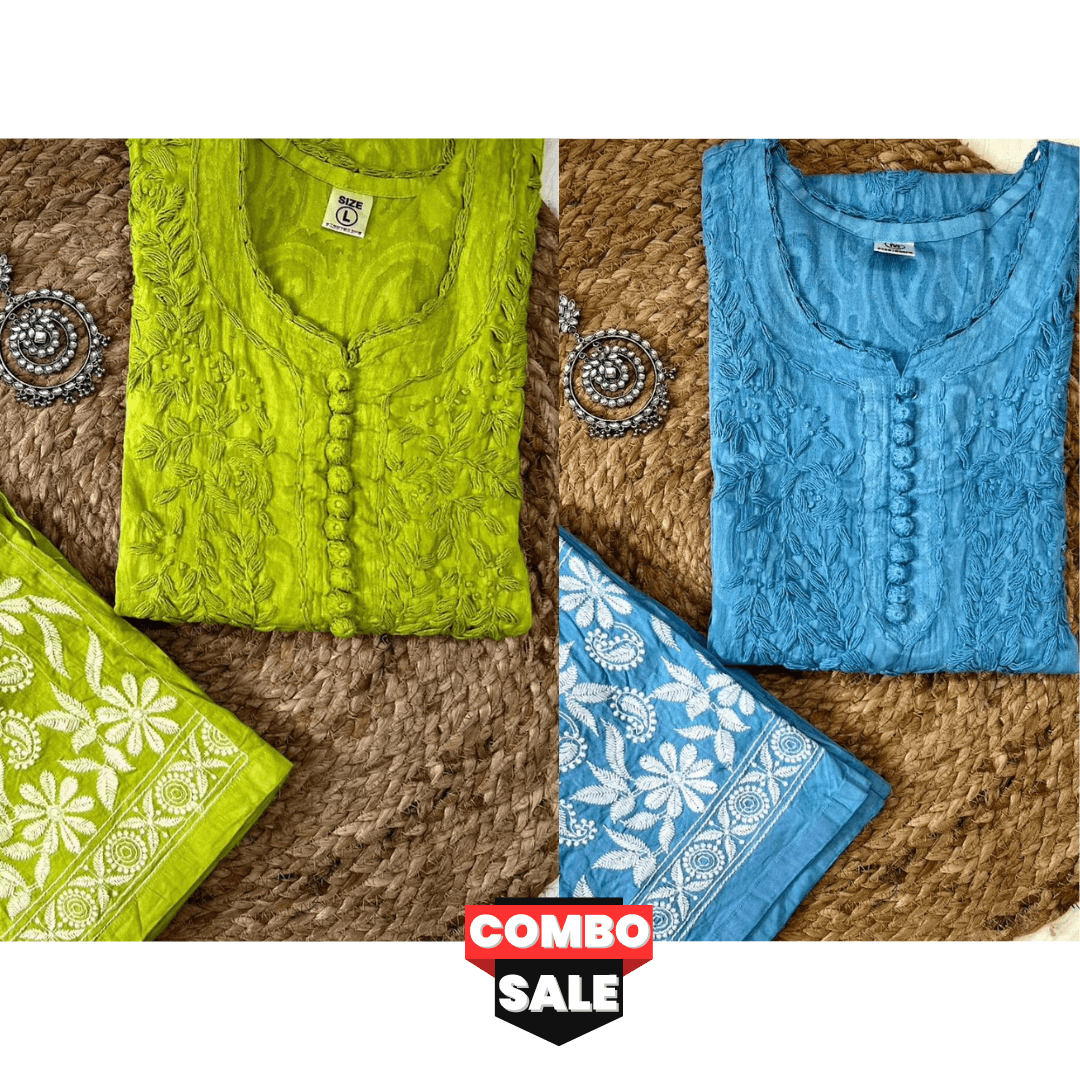 Combo 2 Sets Blue and Parrot Green Cotton Chikankari Hand Work Kurti Suit Designs - Inayakhan Shop 