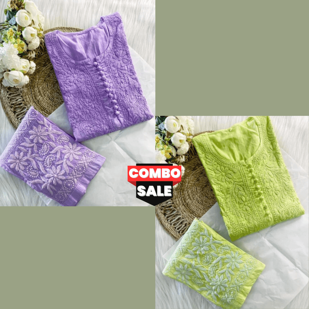 Combo 2 Sets - Lavendar and Green Cotton Chikankari Hand Work Kurti Suit Best value - Inayakhan Shop 