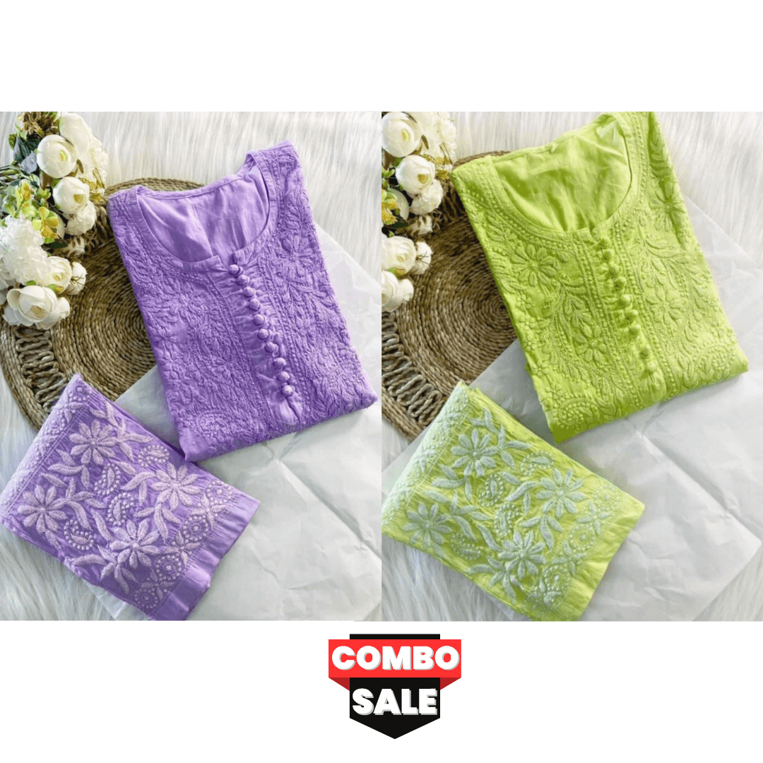 Combo 2 Sets - Lavendar and Green Cotton Chikankari Hand Work Kurti Suit Best value - Inayakhan Shop 