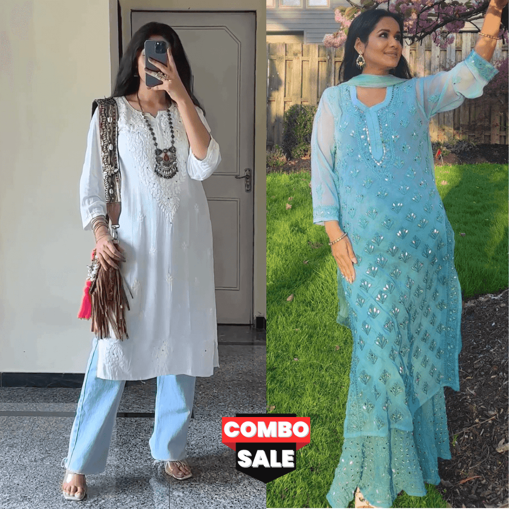 Combo 2 Sets : Pastel Green Mirror Set and White Tone-on-Tone Chikankari Mukaish Work Kurti Set - Inayakhan Shop 